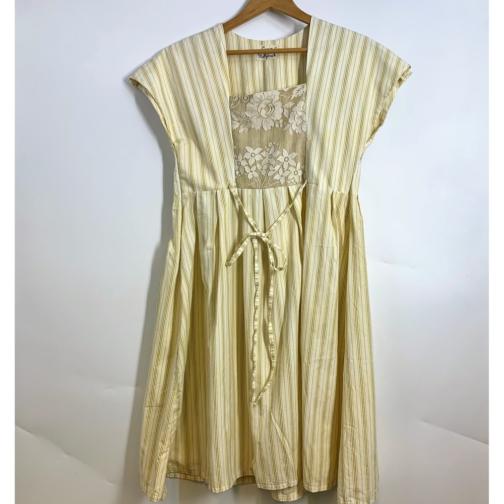 Camp Hollyhock Handmade‎ Striped Lace Front Square Neck Tie Waist Dress Womens